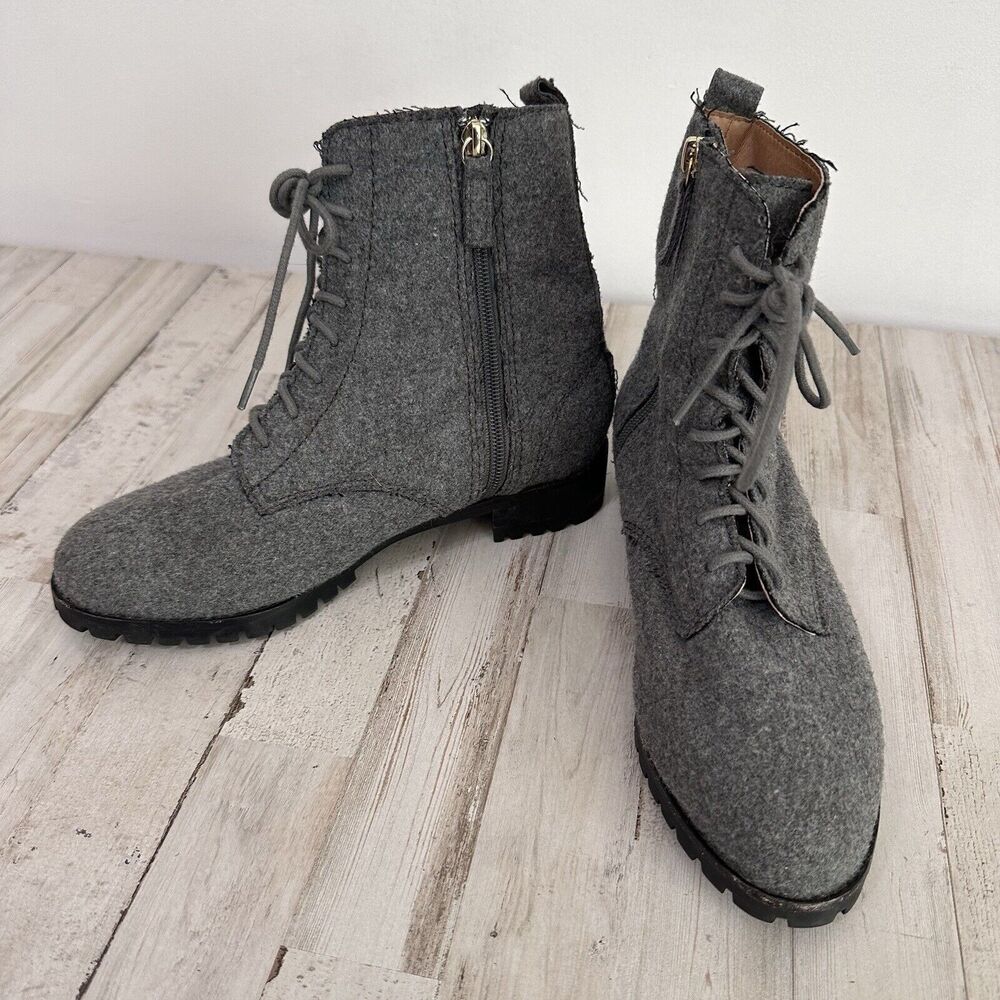 J Jill Boots Lace Up‎ Zipper 8.5 Flannel Felt Gray Combat Trendy Fall Ankle Shoe